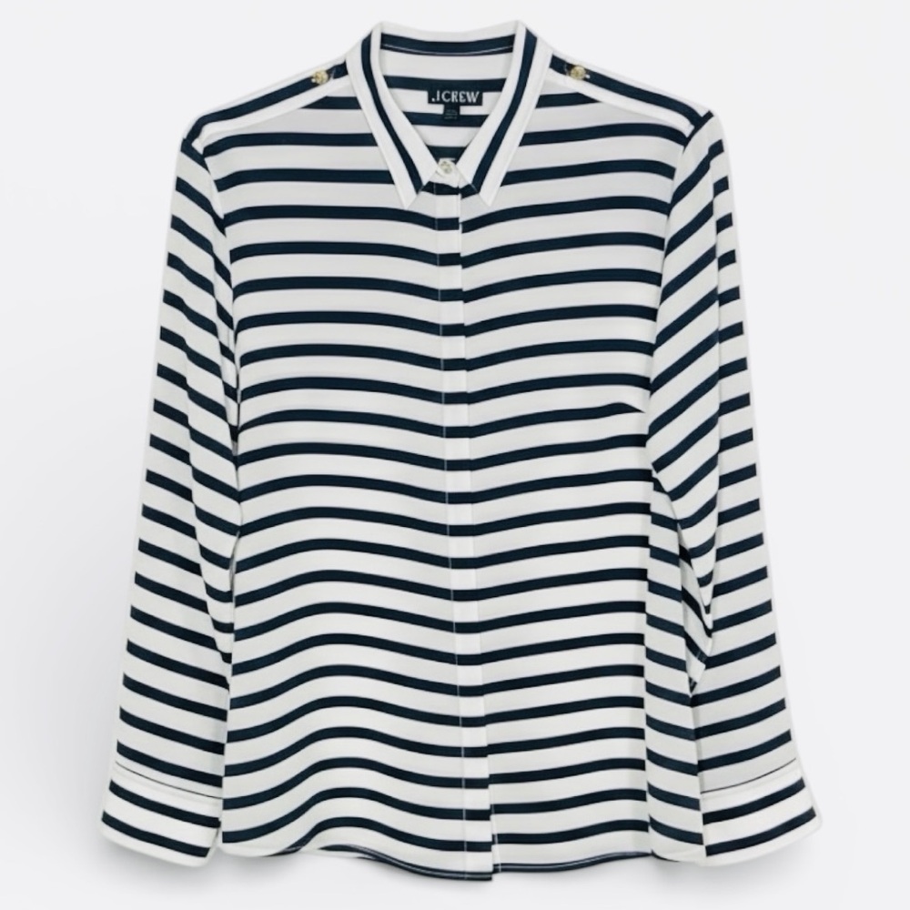 J.Crew Nautical Silk Top Woman’s Plus 2X Navy White Striped Button Up Blk Label